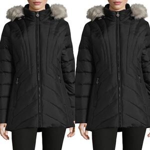 Anne Klein Quilted Hood Parka-BLACK-Medium